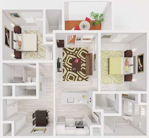 a 3d rendering of a living room and dining room floor plan